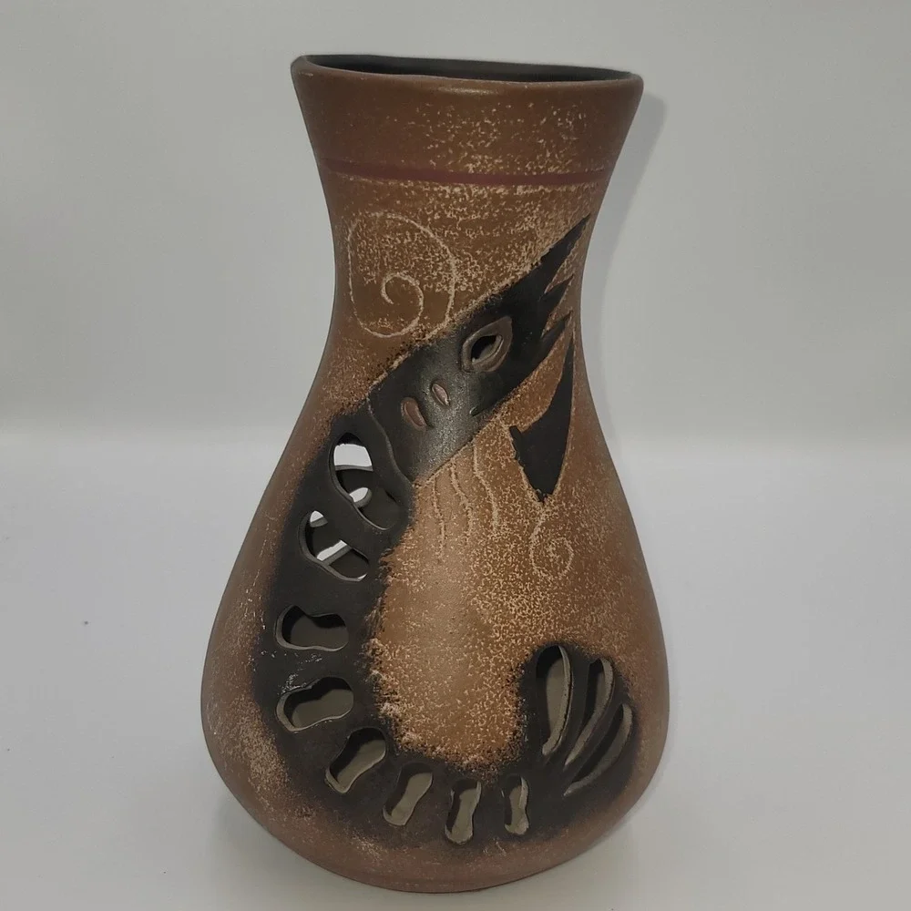 Southwestern Cut Out Terracotta Vase Hand Painted Tribal Brown Ceramic 7.5 Inch